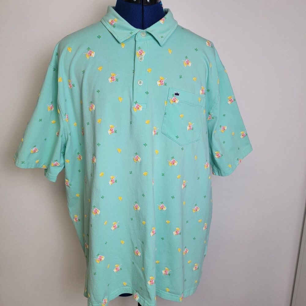 Crown & Ivy Mens Sea Green & Cocktails 1/4 Button Short Sleeve Polo Shirt XL